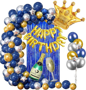 Party Propz Birthday Decorations Silver Blue and Gold Balloons 62Pcs for Adult With Happy Birthday Banner Crown Champagne Balloons for 18th 21st 30th 40th 50th 60th 70th Decor