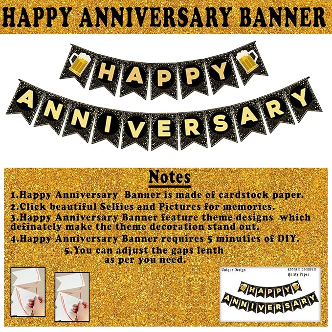 Party Propz Happy Anniversary Decoration Items - 14Pcs Kit Combo For Home Or Bedroom - Happy Anniversary Paper Banner, Photobooth Props, LED Fairy Light - Marriage Decorations Set - Husband Or Wife