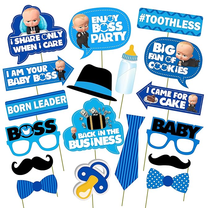 Party Propz Boss Baby Birthday Decoration for Baby Boy - 1 Set of 18Pcs Boss Baby Photo Booth for Birthday Decorations for Boys -Boss Baby Theme Decorations 1st Birthday