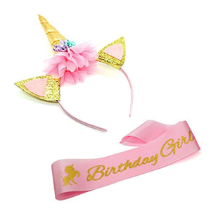 Party Propz Unicorn Birthday Girl Set - 2 Pcs Gold Unicorn Headband And Pink Satin Sash for Baby Girls | Unicorn Hair Band For Girls | Happy Birthday Girl Sash And Crown | Birthday Decoration Item