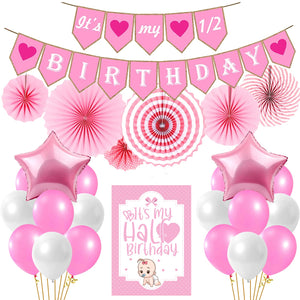 Party Propz Its My Half Birthday Decorations - Large 49 Pcs Combo | 1/2 Birthday Decorations for Girls | Pink Star Foil & Half Birthday Card for Baby Girls | Half Birthday Decoration for Baby Boy