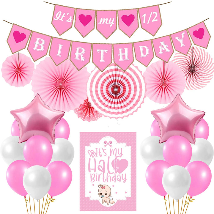 Party Propz Its My Half Birthday Decorations - Large 49 Pcs Combo | 1/2 Birthday Decorations for Girls | Pink Star Foil & Half Birthday Card for Baby Girls | Half Birthday Decoration for Baby Boy