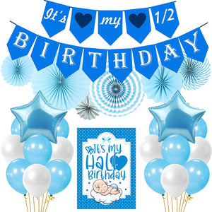 Party Propz Its My Half Birthday Decorations Set With Blue Paper Fan, Blue Star Foil & Half Birthday Card For Baby Boys / Half Birthday Decoration For Boys