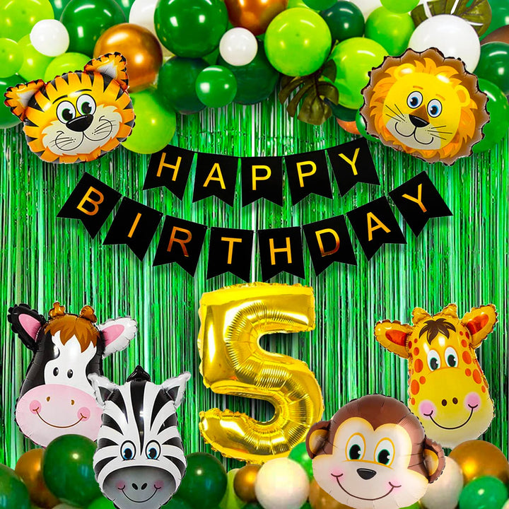 Party Propz 5th Birthday Decoration- 52 Pcs, Jungle Theme Birthday Decoration | 5 Year Birthday Decorations Boys Girls | Fifth Birthday Decoration Items | Animal Foil, Metallic Balloons For Decoration